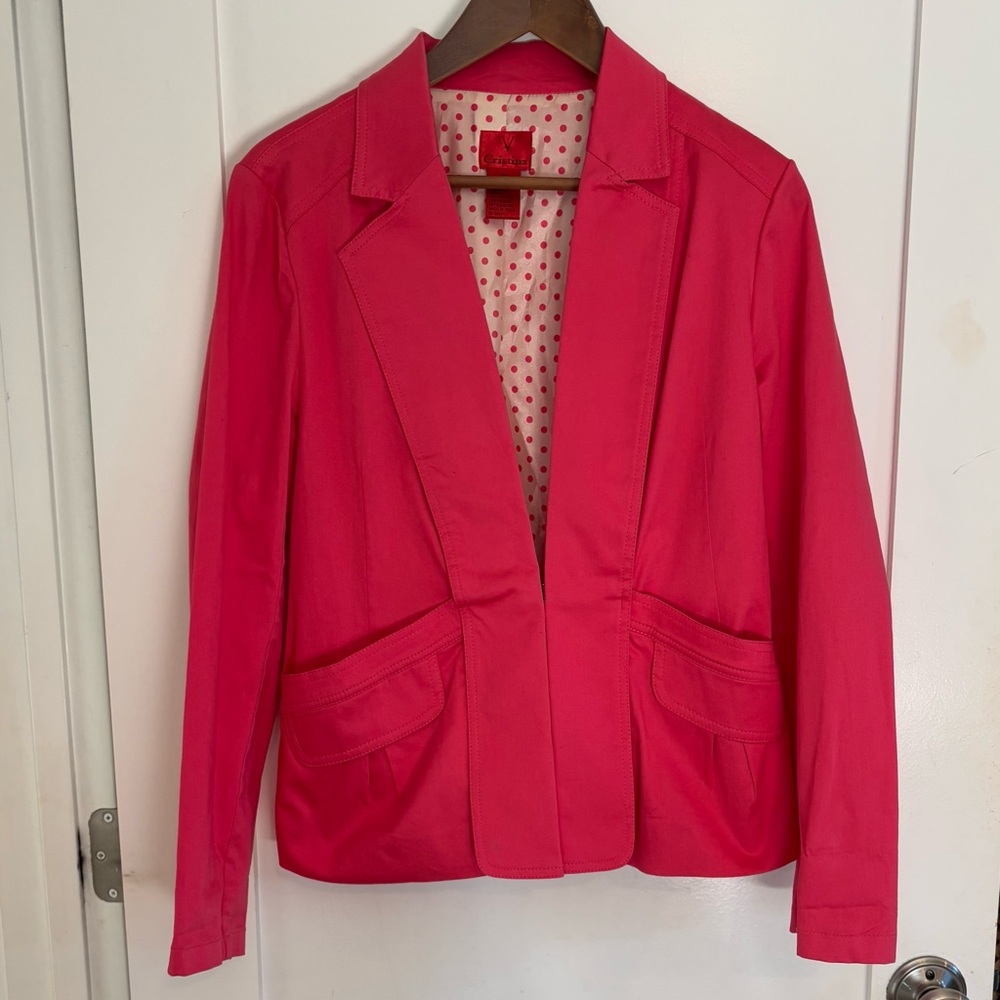 Anthropologie V Cristina Blazer Bright Pink Poppy Polka Dot Lining Buckle Back M